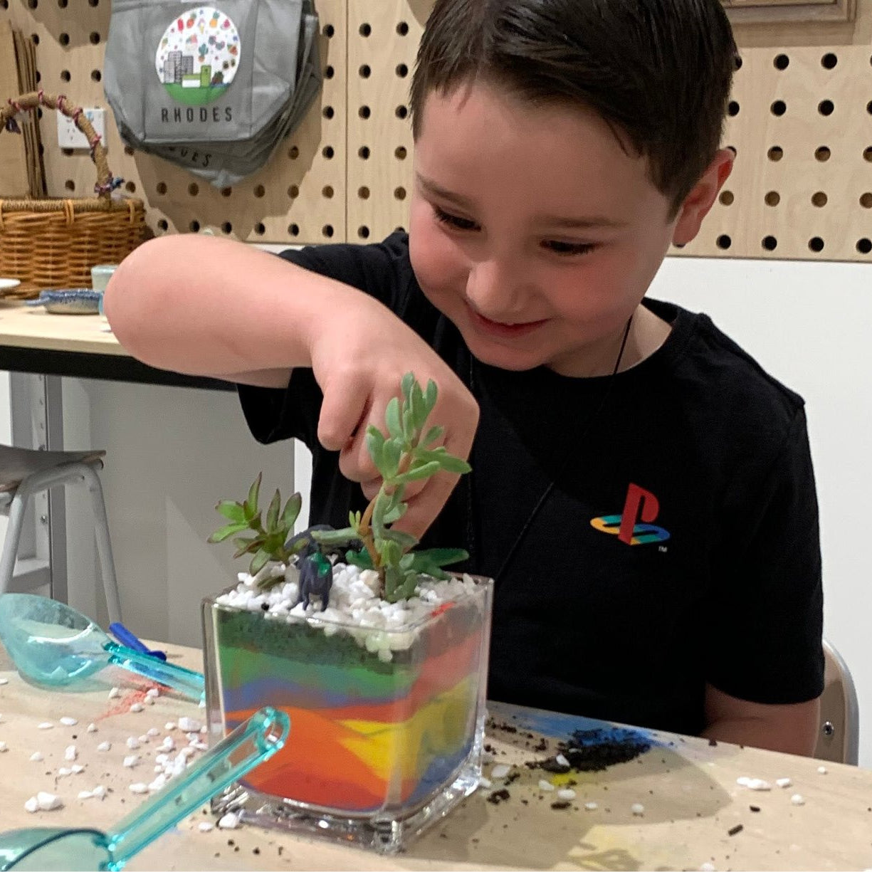 A child building a terrarium with succulents and colour sand.